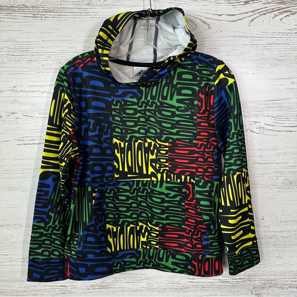 *3/$20* ADIDAS Primary Colors All Over Graphic Logo Fleece Lined Hoodie M